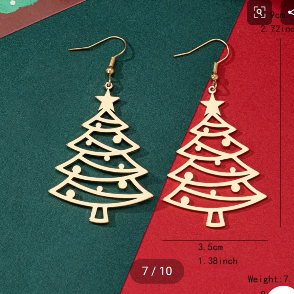 Gold Christmas Tree Earrings Holiday Festive - Picture 6 of 10